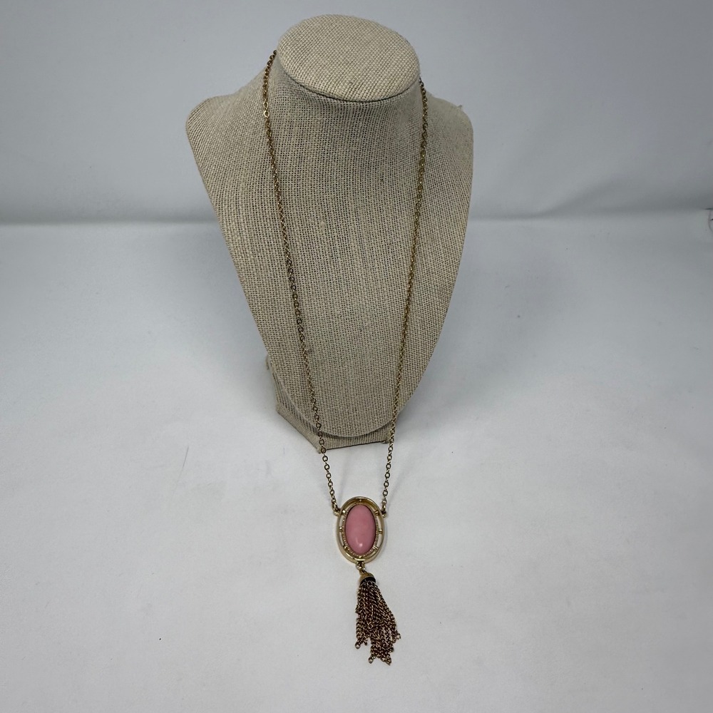 Sarah Coventry‎ Vintage Gold Tone Pink Cabochon Tassel Pendant Long Necklace